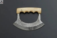 Custom Handmade Damascus Steel Ulu Knife Handle Cow Bone With Leather Sheath - ZB Knives Store