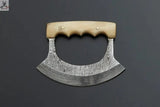 Custom Handmade Damascus Steel Ulu Knife Handle Cow Bone With Leather Sheath - ZB Knives Store