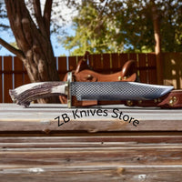 Custom Bowie Knife – 16" Rasp Tool Steel Blade with Antler Horn Handle and Leather Sheath - ZB Knives Store