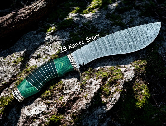 Custom Damascus Kukri Knife With Leather Sheath - ZB Knives Store