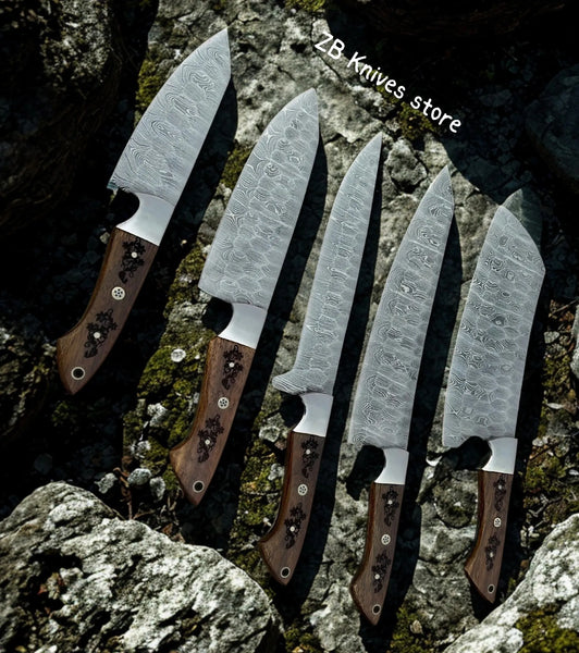 5 Pcs Custom Handmade Damascus Steel Knife Set With Leather Case - ZB Knives Store