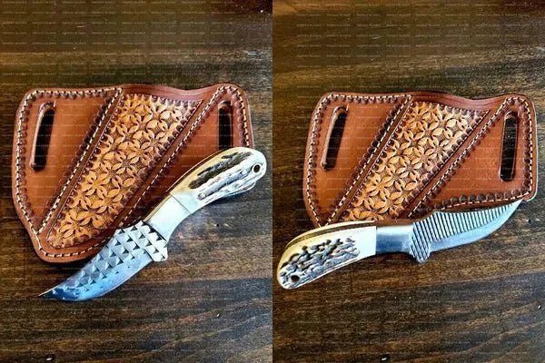 Custom Handmade western knife and sheath with Rasp Tool Steel Blade & Antler Horn Handle – 6.25" - ZB Knives Store