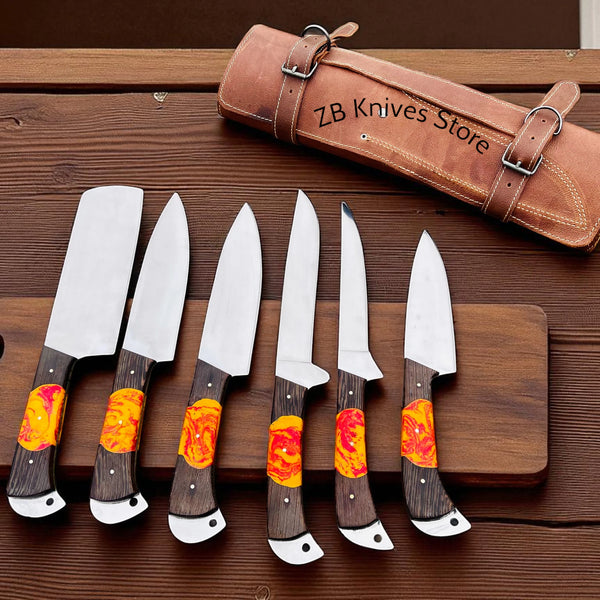 6 piece custom kitchen knives set with forged stainless steel blades and wenge wood resin handles