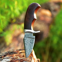 EDC Wood Handle Knife - Damascus Steel Blade With Custom Leather Knife Sheath