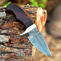 EDC Wood Handle Knife - Damascus Steel Blade With Custom Leather Knife Sheath