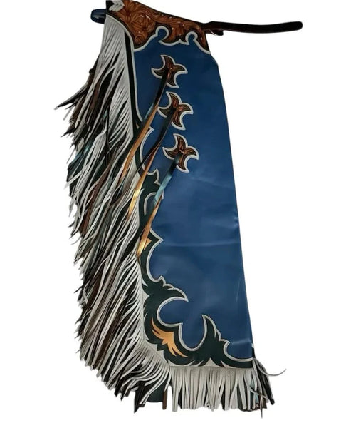 Premium hand-tooled leather rodeo chaps with fringe, custom western design for bull riding and rodeo competitions. Durable, stylish, and built for a perfect fit.