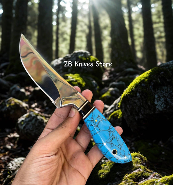Custom Cowboy Knife with D2 Steel Blade & Turquoise Stone Handle - ZB Knives Store