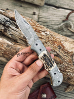 Custom Handmade Cowboy Pocket Knife – Damascus Steel, Stag Horn Handle - ZB Knives Store