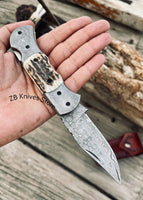 Custom Handmade Cowboy Pocket Knife – Damascus Steel, Stag Horn Handle - ZB Knives Store
