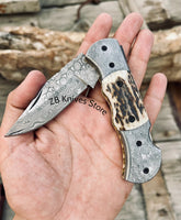 Custom Handmade Cowboy Pocket Knife – Damascus Steel, Stag Horn Handle - ZB Knives Store