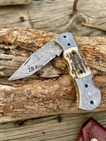 Custom Handmade Cowboy Pocket Knife – Damascus Steel, Stag Horn Handle - ZB Knives Store