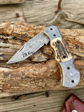 Custom Handmade Cowboy Pocket Knife – Damascus Steel, Stag Horn Handle - ZB Knives Store