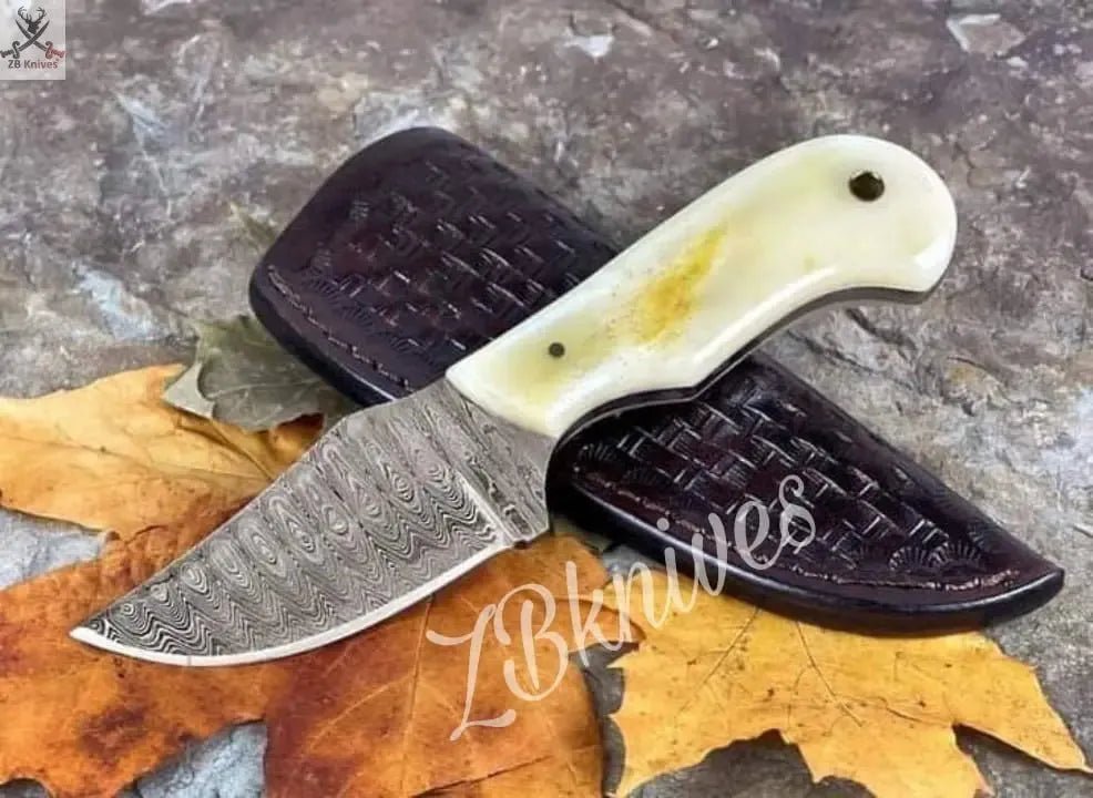 Custom Skinning Knife - 7.75" Hand - Forged Damascus Steel w/ Leather Sheath - ZB Knives Store