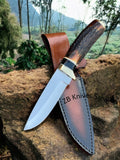 D2 Hunting Knife – Antler Horn Handle & Brass Guard with Leather Sheath - ZB Knives Store