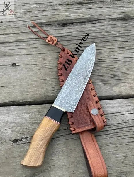 Damascus Knives Custom Handmade - 13.25" inches Olive WOOD Handle Chef Kitchen - ZB Knives Store