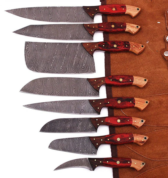 08 Piece Custom Damascus Chef Knife Set with Wooden Handles