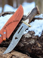 Damascus Bowie Knife – Deer Head Wirecut Blade with Antler Horn Handle & Brass Guard - ZB Knives Store
