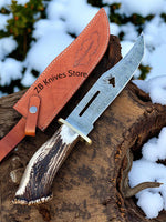 Damascus Bowie Knife – Deer Head Wirecut Blade with Antler Horn Handle & Brass Guard - ZB Knives Store