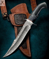 Damascus Bowie Knife With Custom Leather Sheath For Field Dressing Tool