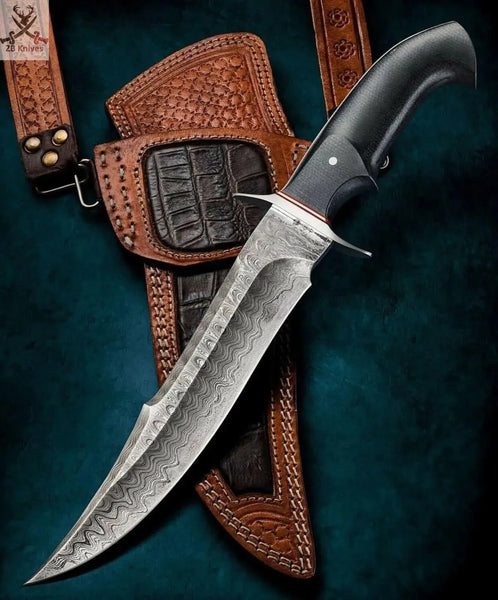 Damascus Bowie Knife With Custom Leather Sheath For Field Dressing Tool - ZB Knives Store