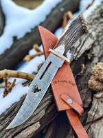 Damascus Bowie Knife – Deer Head Wirecut Blade with Antler Horn Handle & Brass Guard - ZB Knives Store
