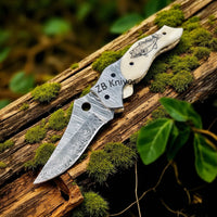 Everyday Carry Damascus Steel Folding Pocket Knife with Fish Engraved Bone Handle - ZB Knives Store