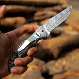 Mountain Majesty - Custom Handcrafted Damascus Steel Folding Pocket Knife with Sheep Horn Handle