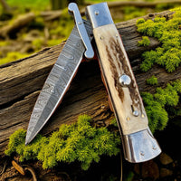 Damascus Steel Swing Guard Stiletto Knife – Rare Italian Automatic with Antler Horn Grip - ZB Knives Store