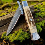 Damascus Steel Swing Guard Stiletto Knife – Rare Italian Automatic with Antler Horn Grip - ZB Knives Store