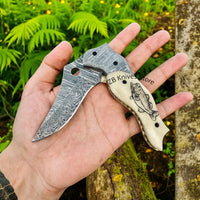 Everyday Carry Damascus Steel Folding Pocket Knife with Fish Engraved Bone Handle - ZB Knives Store