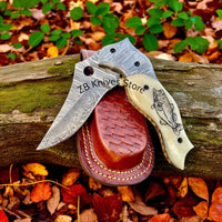 Everyday Carry Damascus Steel Folding Pocket Knife with Fish Engraved Bone Handle - ZB Knives Store