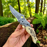 Everyday Carry Damascus Steel Folding Pocket Knife with Fish Engraved Bone Handle - ZB Knives Store