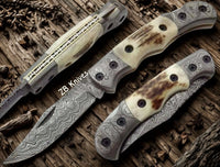 Handcrafted Damascus Steel Folding Knife with Antler Horn Handle - ZB Knives Store