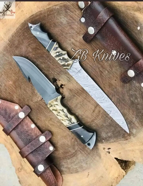 HAND FORGED Full Tang Damascus or 1095 High carbon steel Fishing fillet or Gut hook knife + leather sheath - ZB Knives Store