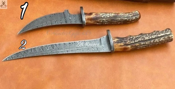 HAND FORGED Full Tang Damascus steel Fishing Fillet knife set + leather sheath - ZB Knives Store