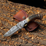 Mountain Majesty - Custom Handcrafted Damascus Steel Folding Pocket Knife with Sheep Horn Handle