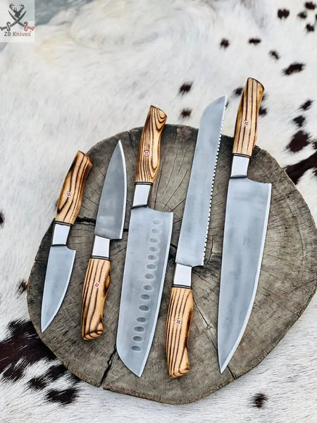 Handmade Acid Washed Stainless Steel Kitchen Knives Set with Leather Roll and Burly Wenge Wood Handles - ZB Knives Store