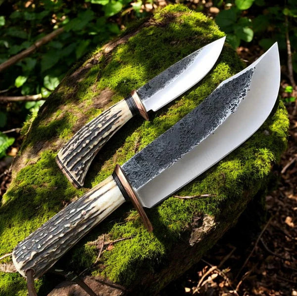 Handmade Hunter's Knife Set – 8" & 4.25"  Steel Blades with Antler Handles