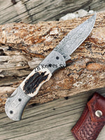 Custom Handmade Cowboy Pocket Knife – Damascus Steel, Stag Horn Handle - ZB Knives Store