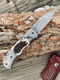 Custom Handmade Cowboy Pocket Knife – Damascus Steel, Stag Horn Handle - ZB Knives Store