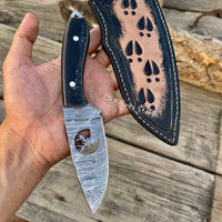 Handmade Deer Knife – 3.90" Damascus Blade with Buffalo Horn Handle & Belt Loop Sheath - ZB Knives Store