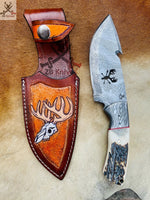 Damascus Steel Hook Blade Knife - Deer Antler Horn Handle with Leather Sheath for Hunters - ZB Knives Store