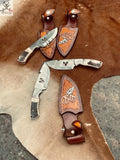 Damascus Steel Hook Blade Knife - Deer Antler Horn Handle with Leather Sheath for Hunters - ZB Knives Store
