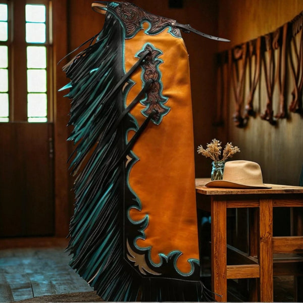 Custom hand-tooled leather chaps with fringe, designed for durability and performance in western and bull riding activities. Perfect fit for cowboys and rodeo enthusiasts