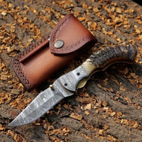 Mountain Majesty - Custom Handcrafted Damascus Steel Folding Pocket Knife with Sheep Horn Handle