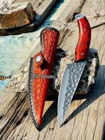 Professional - Grade Damascus Hunting – Red Wood Grip & Leather Sheath - ZB Knives Store