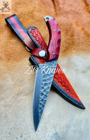 Professional - Grade Damascus Hunting – Red Wood Grip & Leather Sheath - ZB Knives Store