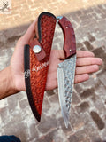 Professional - Grade Damascus Hunting – Red Wood Grip & Leather Sheath - ZB Knives Store