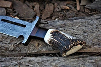 Rambo Knife for Sale - Custom Handmade Damascus Bowie with Rose Wood & Antler Horn - ZB Knives Store