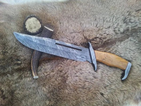 Rambo Knife for Sale - Custom Handmade Damascus Bowie with Olivewood Handle - ZB Knives Store